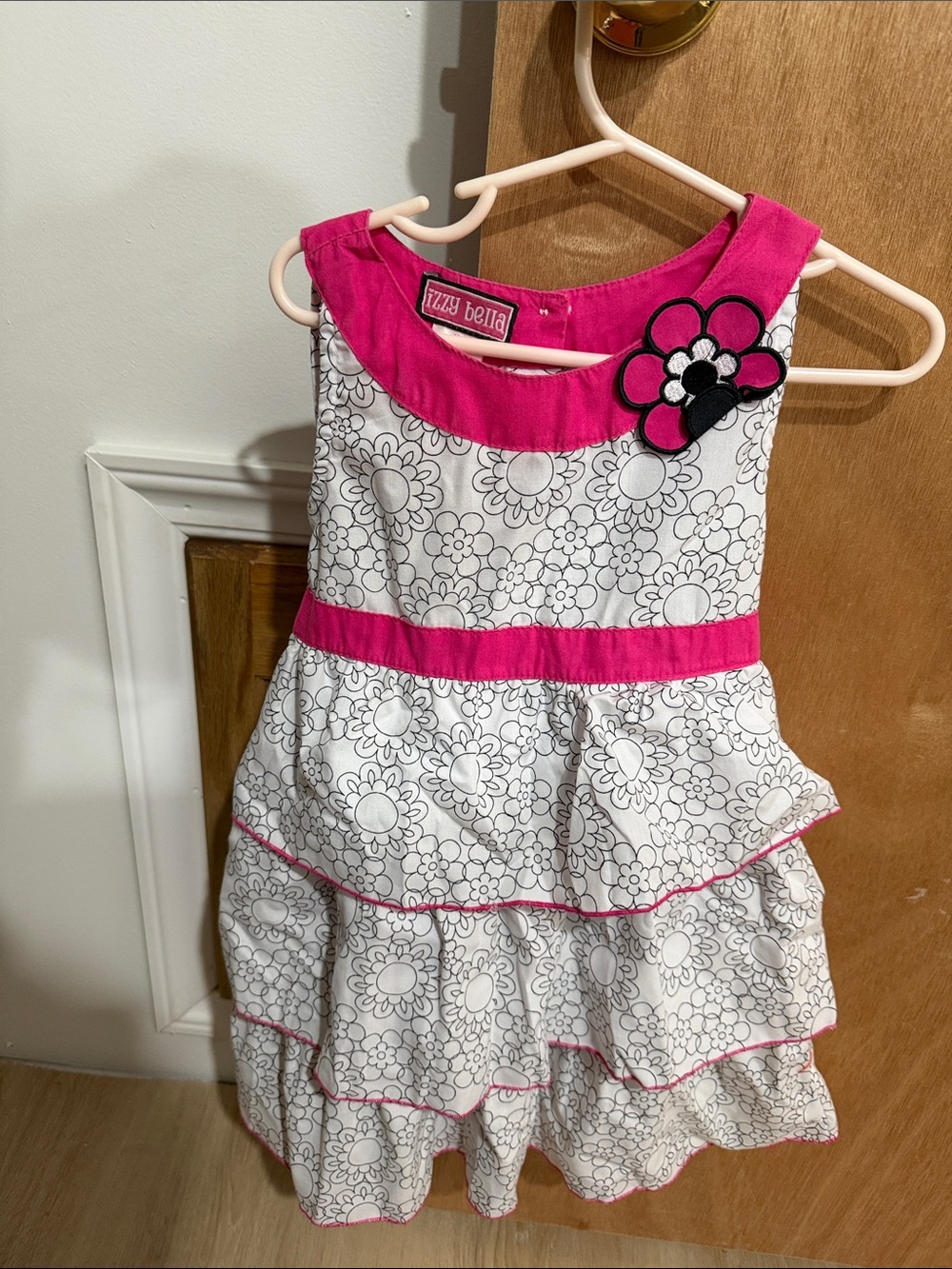 Pink Trim White Floral Tiered Girls Dress